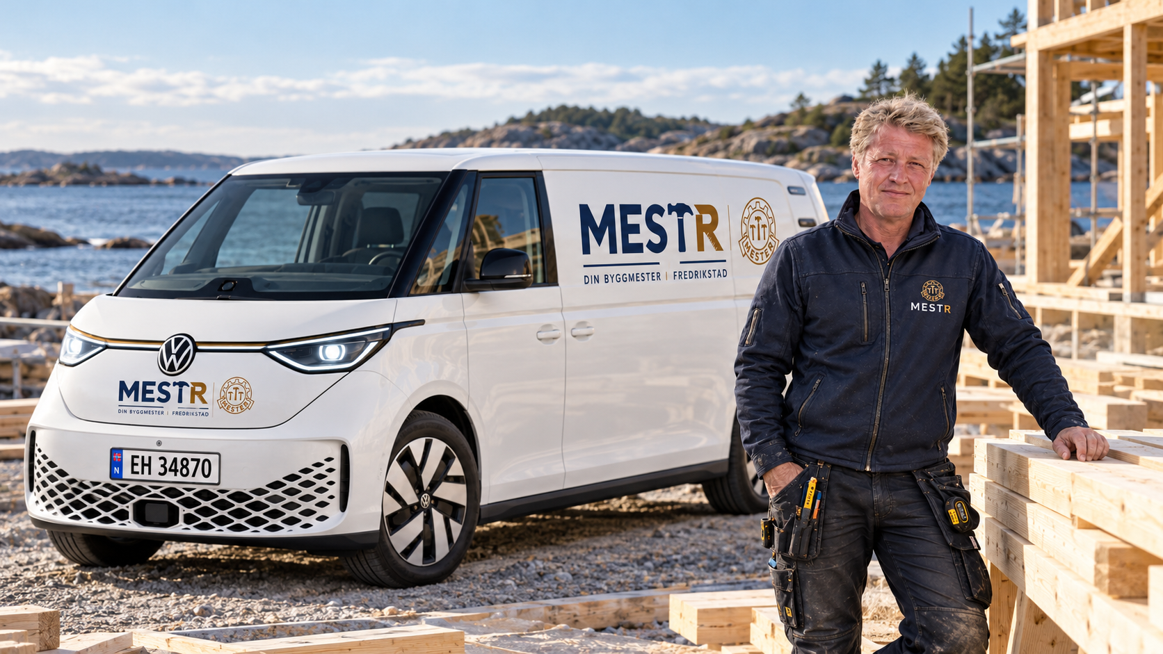 Mads Petter Knape ved en hvit Volkswagen ID. Buzz med Mestr-logo på en byggeplass ved sjøen